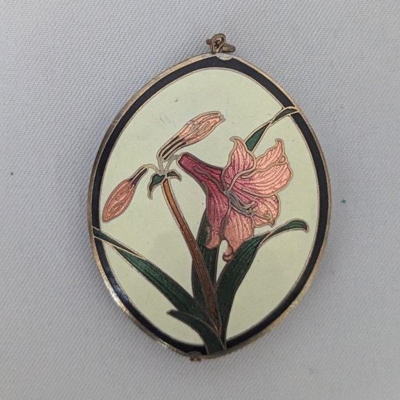 Vintage enamel Cloisonné Red and Pink large Lily pendant