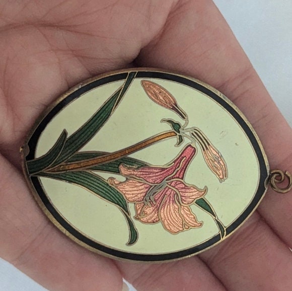 Vintage enamel Cloisonné Red and Pink large Lily pendant