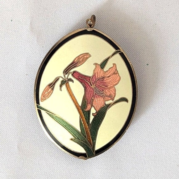 Vintage enamel Cloisonné Red and Pink large Lily pendant