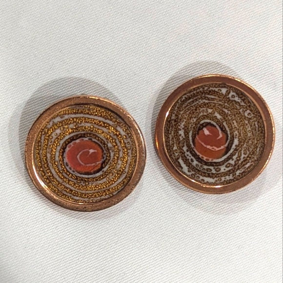 Matisse Renoir Copper Orange Enamel Earrings modernist 1950s clip on jewelry