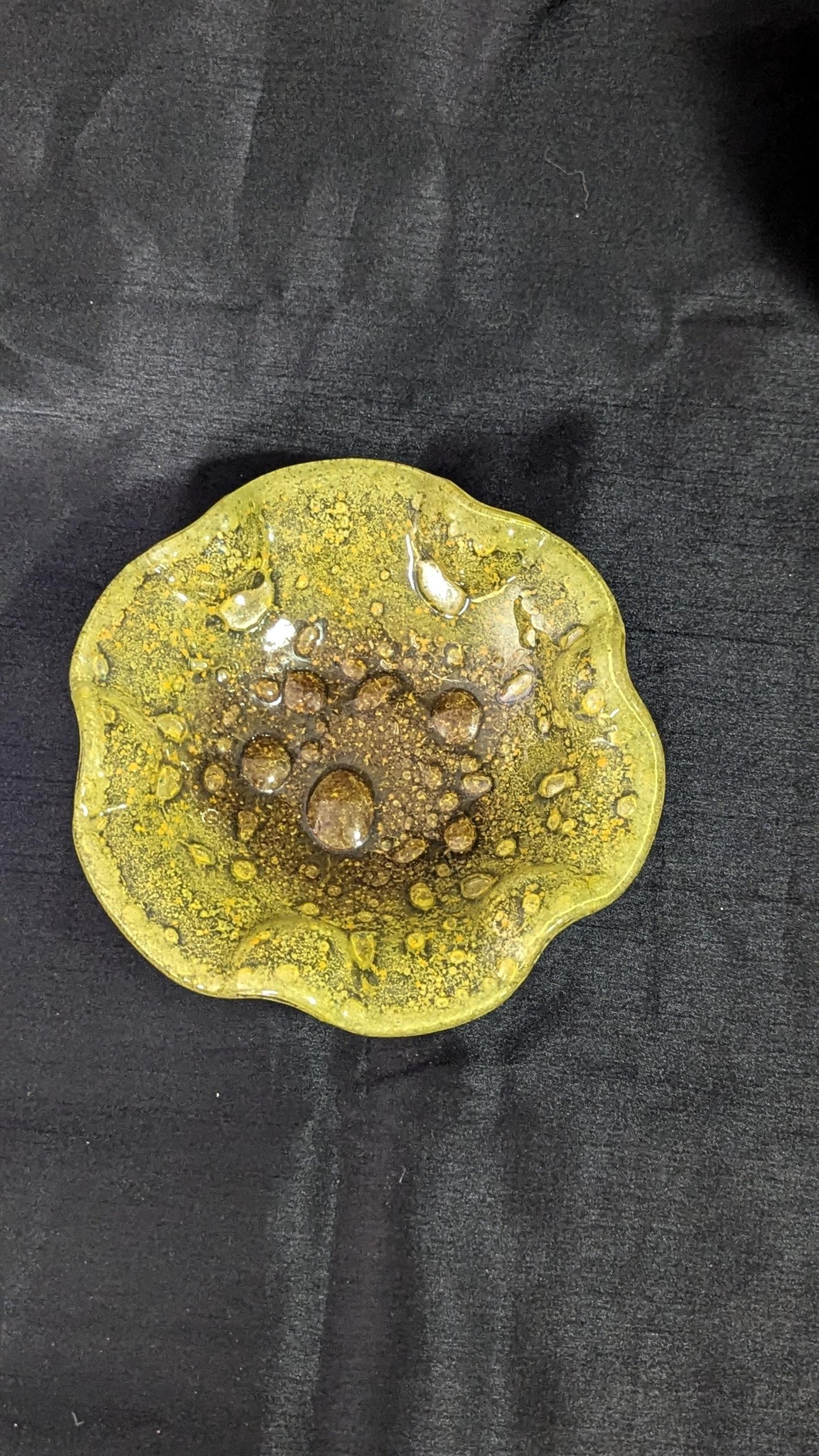vintage Rare hand blown yellow glass bowl - raised bubbles