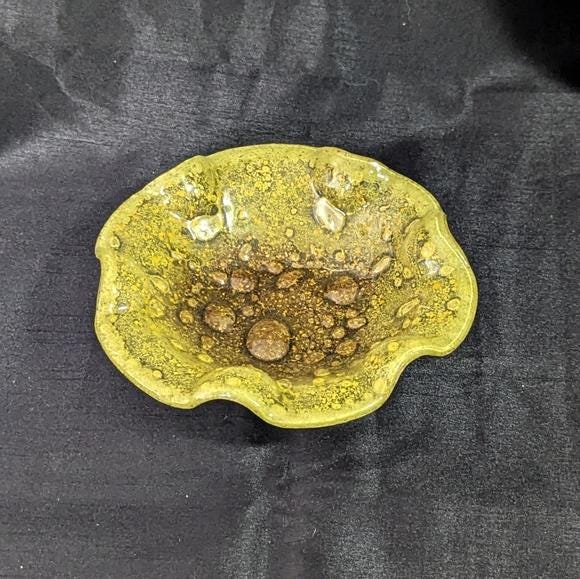 vintage Rare hand blown yellow glass bowl - raised bubbles