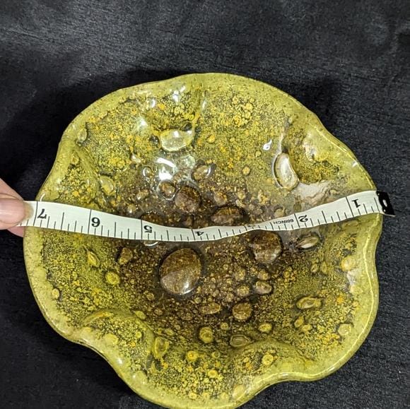 vintage Rare hand blown yellow glass bowl - raised bubbles