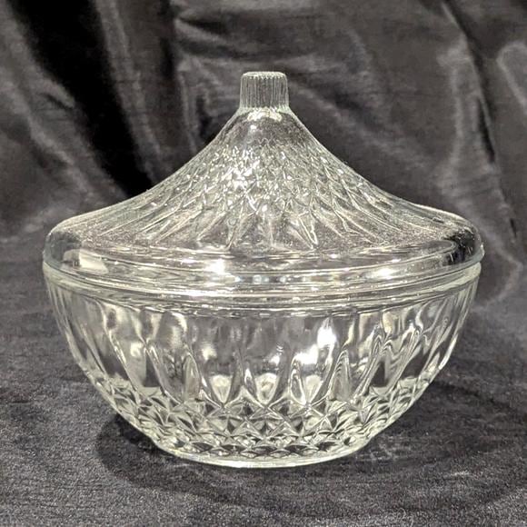 Vintage KIM Indonesia clear glass covered candy or nut dish