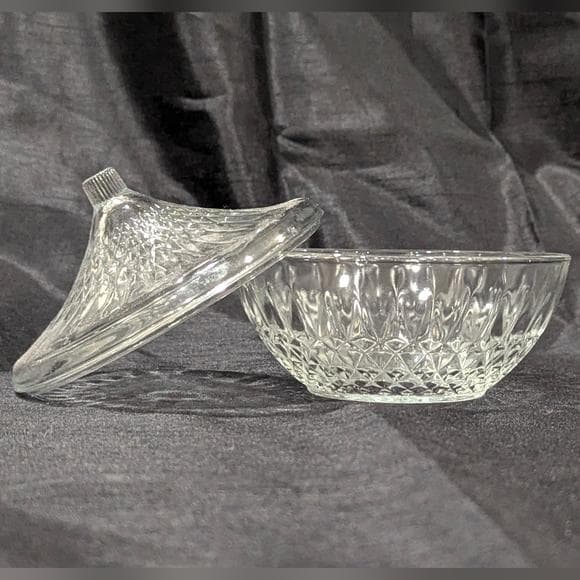Vintage KIM Indonesia clear glass covered candy or nut dish