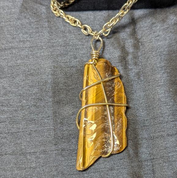 Vintage wrapped Tigers eye, 7cm, long gold tone chain