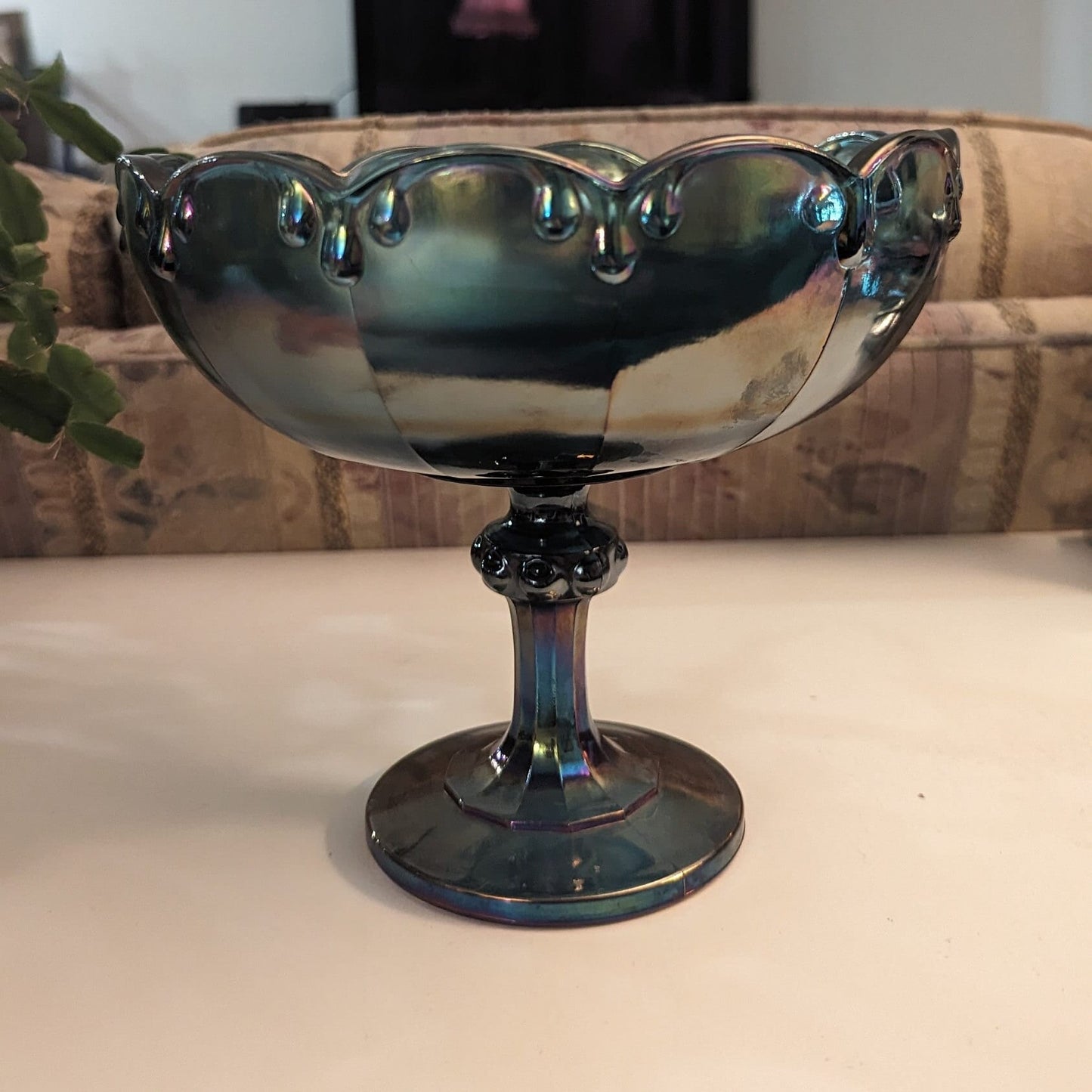 Vintage Carnival Glass | Large Pedestal Carnival Glass Compote | Iridescent | Blue