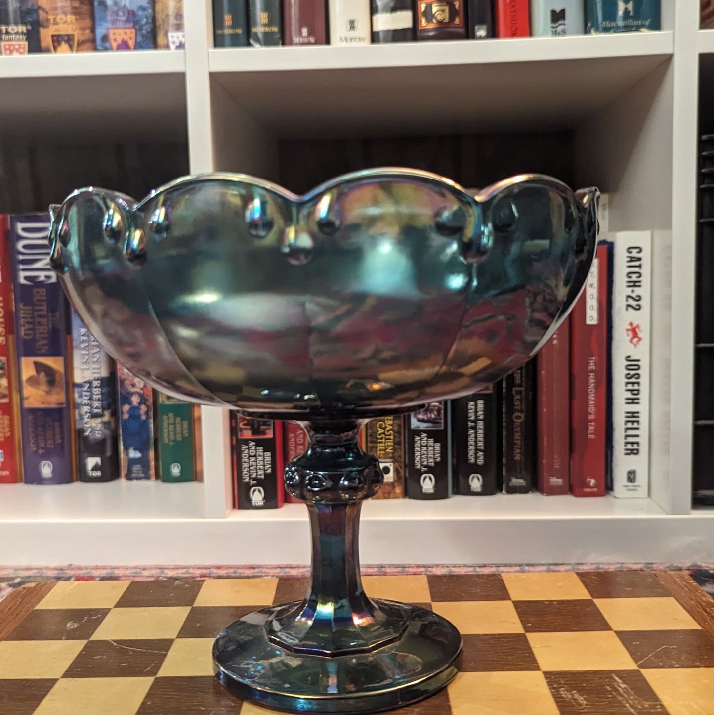 Vintage Carnival Glass | Large Pedestal Carnival Glass Compote | Iridescent | Blue