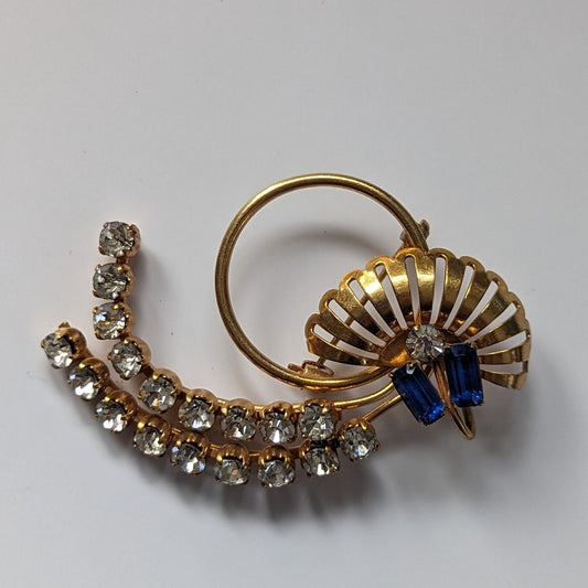 Vintage Brooch and necklace combo piece, blue and gold crystal | art nouveau | 50s