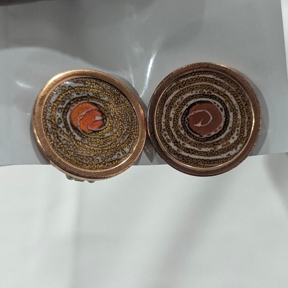 Matisse Renoir Copper Orange Enamel Earrings modernist 1950s clip on jewelry