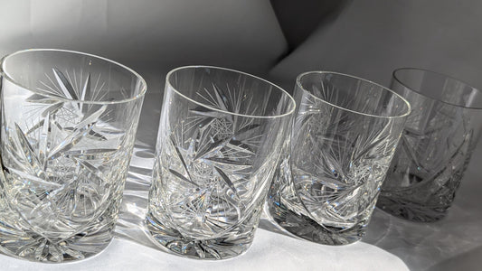 Vintage lead crystal whiskey glasses hand cut, mid century whisky tumblers