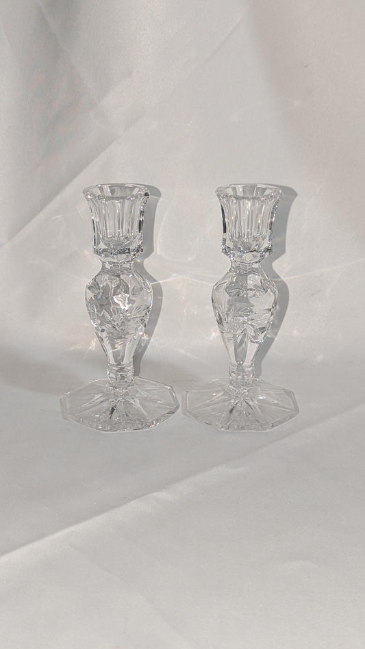 Vintage Crystal Candle Holders with pinwheel design 5.5" High - small chip on base