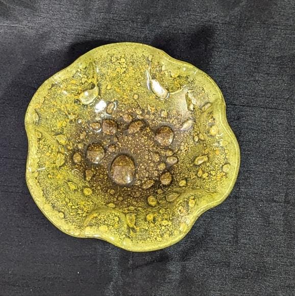 vintage Rare hand blown yellow glass bowl - raised bubbles