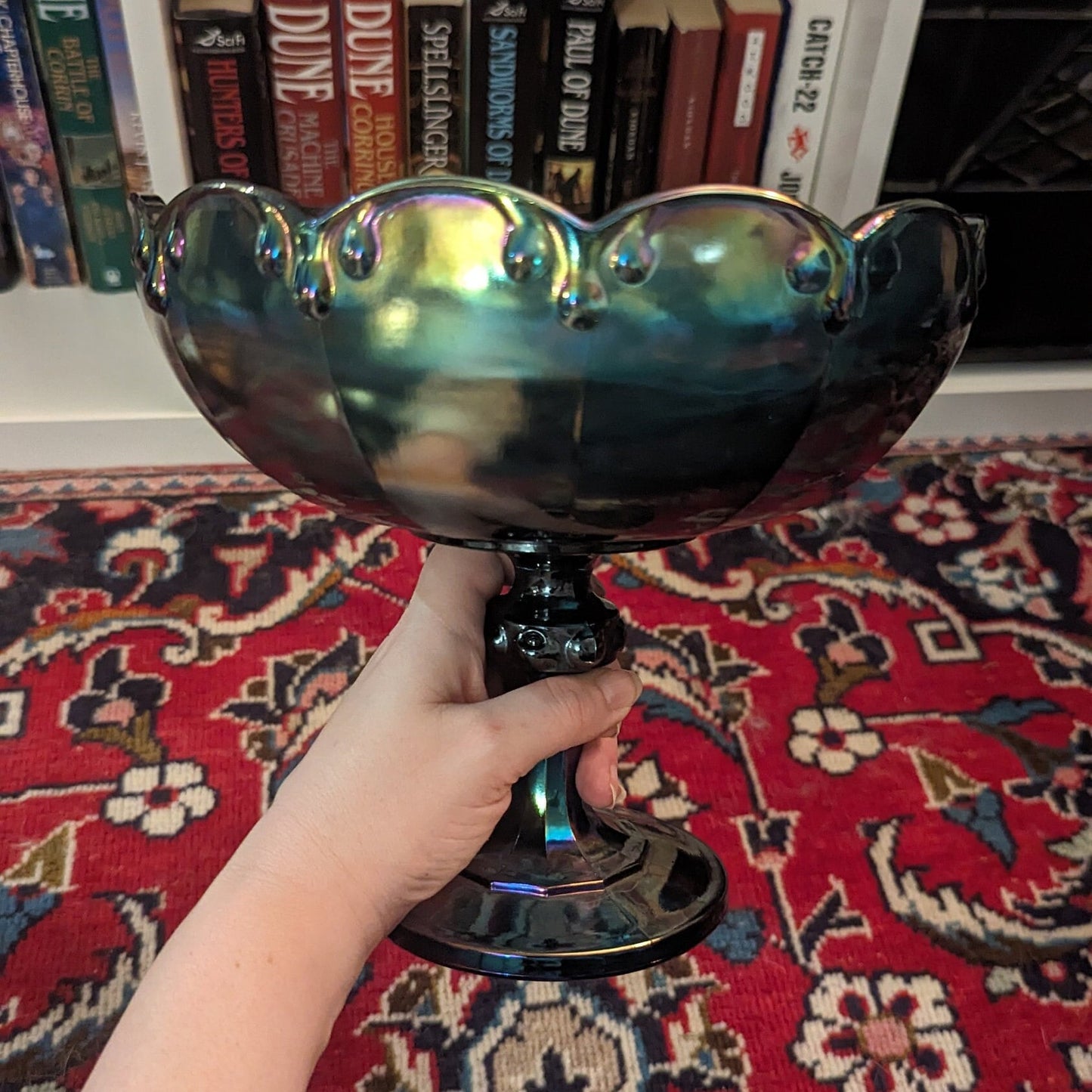 Vintage Carnival Glass | Large Pedestal Carnival Glass Compote | Iridescent | Blue